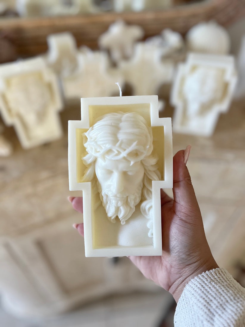 Jesus Face Candle, Crown of Thorns Wax Cross, Christian Home Altar Decor, Religious Gift for Prayer or Easter CDLAF10